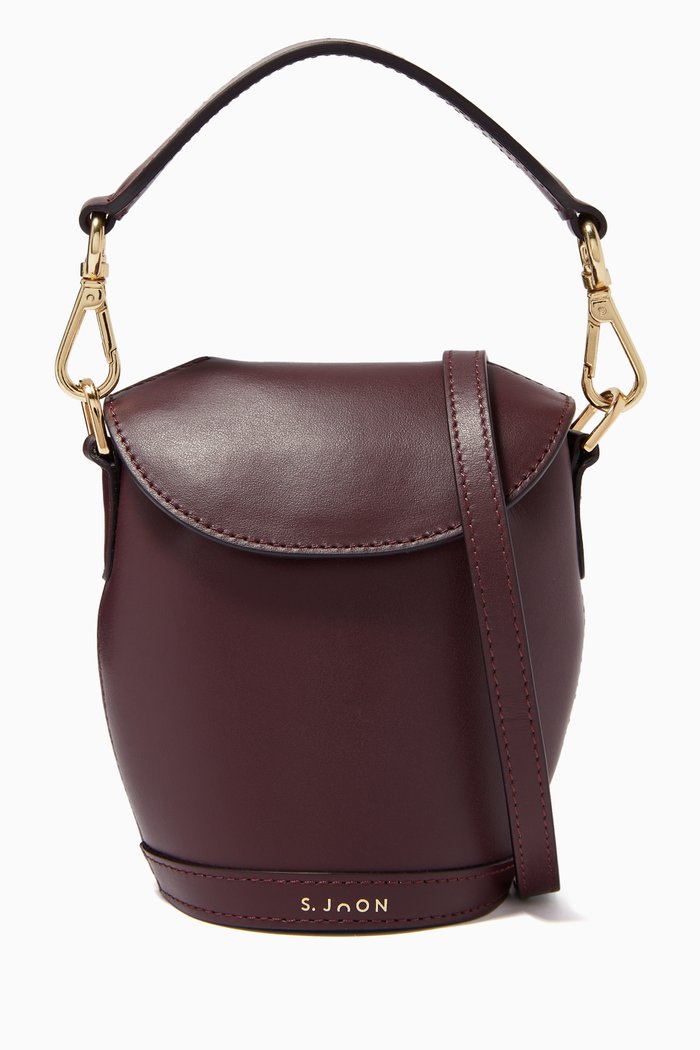 

Mini Milk Pail Bag in Croc-Embossed Leather, Burgundy