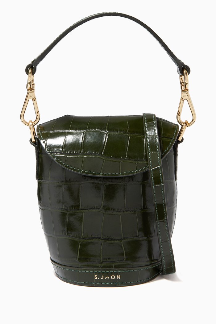 

Mini Milk Pail Bag in Croco Effect Leather, Green