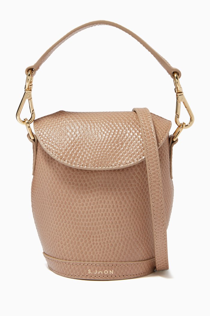 

Mini Milk Pail Bag in Textured Leather, Grey