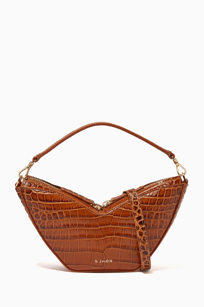 Mini Tulip Bag in Croco Effect Leather, Brown