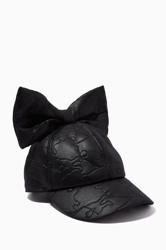 Matelasse Bow Cap in Faux Leather, Black