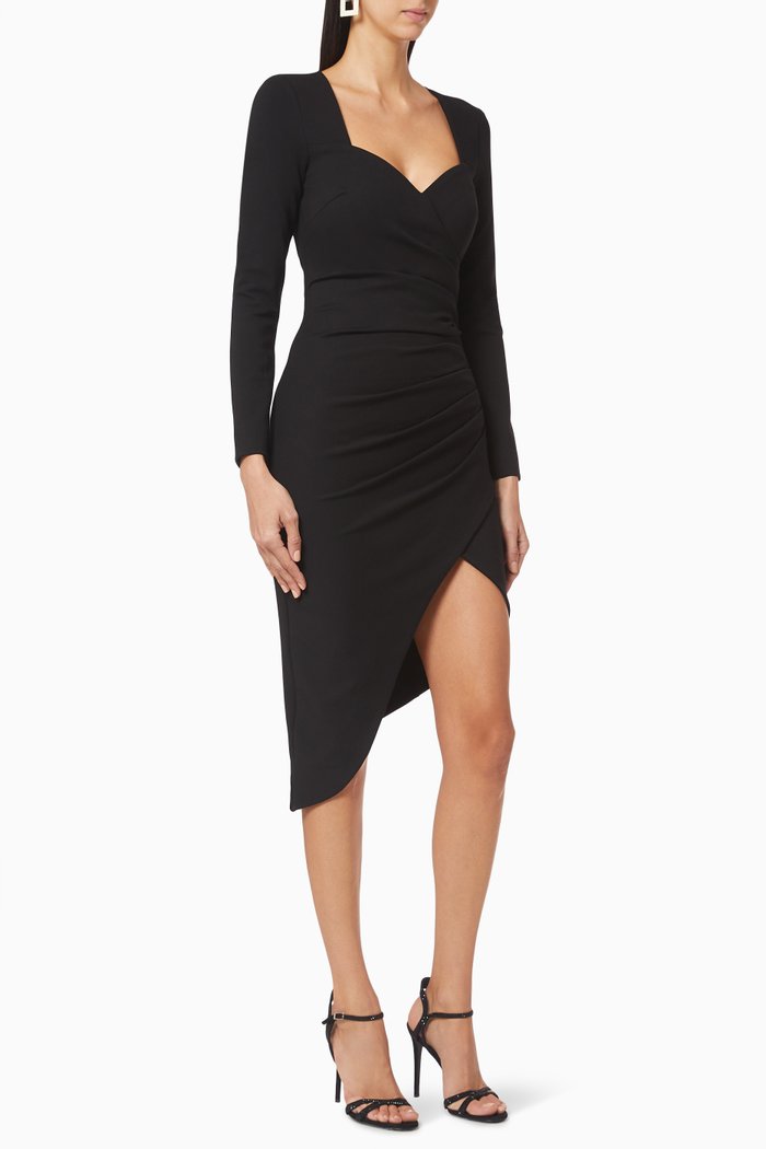 

Asymmetric Ruched Midi Dress, Black