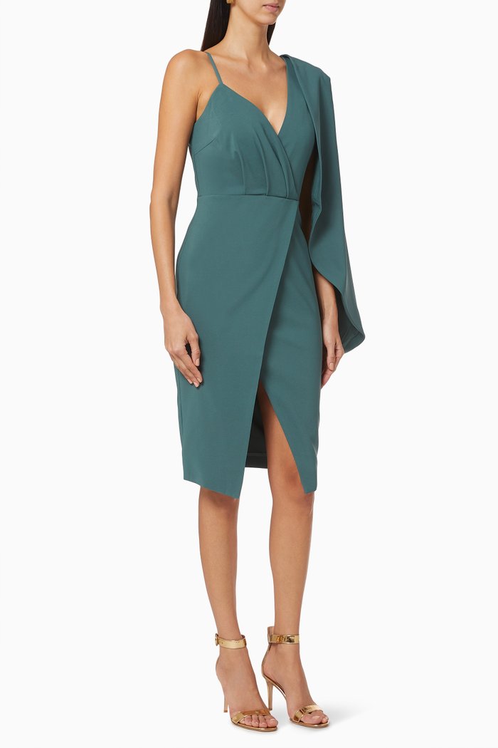 

One-Shoulder Wrap Midi Dress, Green