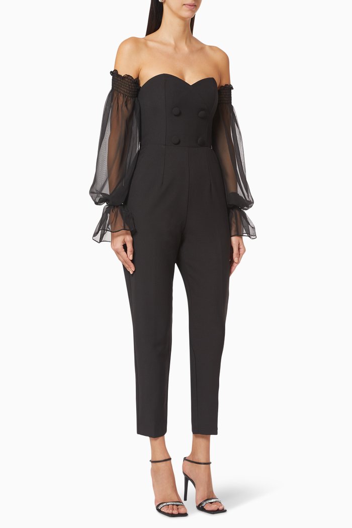 

Sheer Balloon-Sleeved Jumpsuit, Black