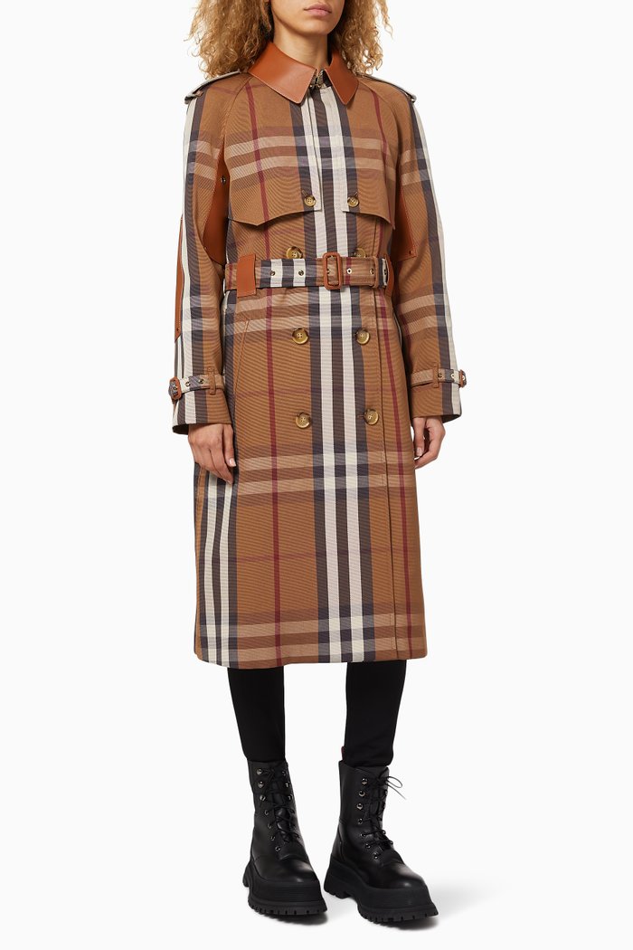 

Leather Check Technical Cotton Trench Coat, Neutral