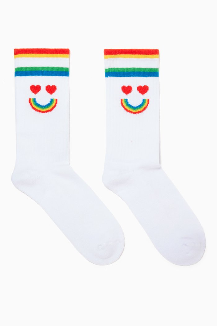Rainbow Smile Rib Socks, White