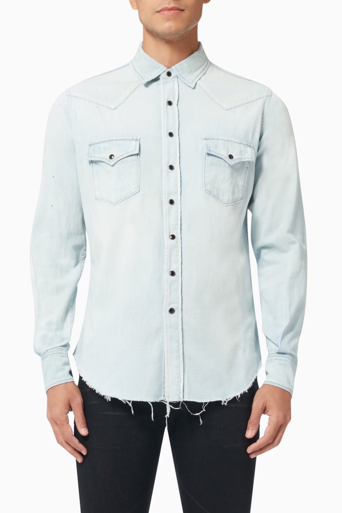 

Distressed Western Shirt in Denim, Blue