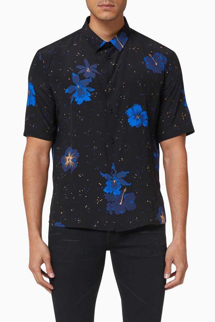 

Confetti Hibiscus Silk Crêpe de Chiné Shirt, Black
