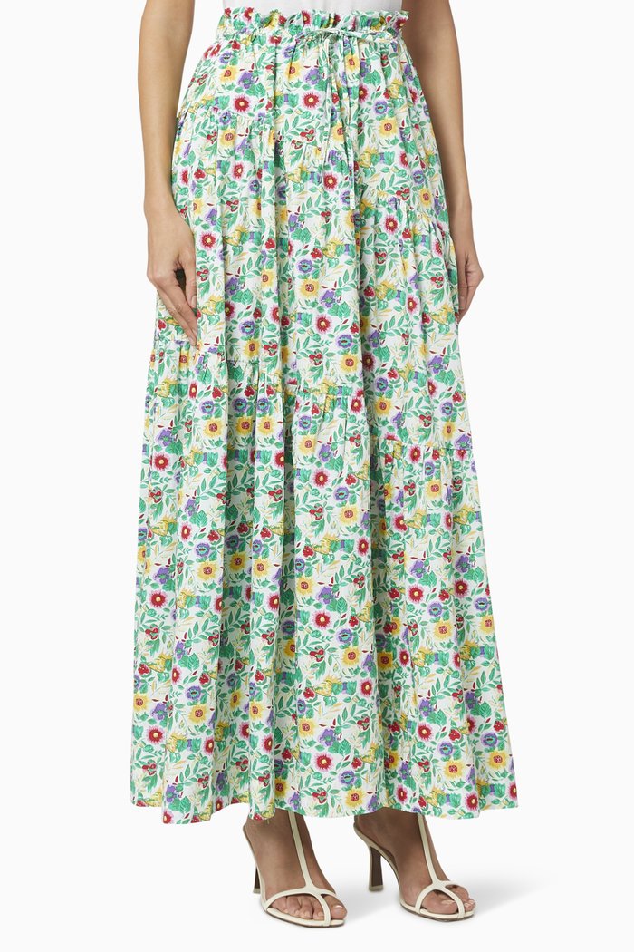 Floral Tiered Cotton Skirt, Multicolour
