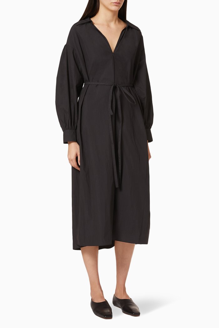 Ruched Cotton Dress, Black