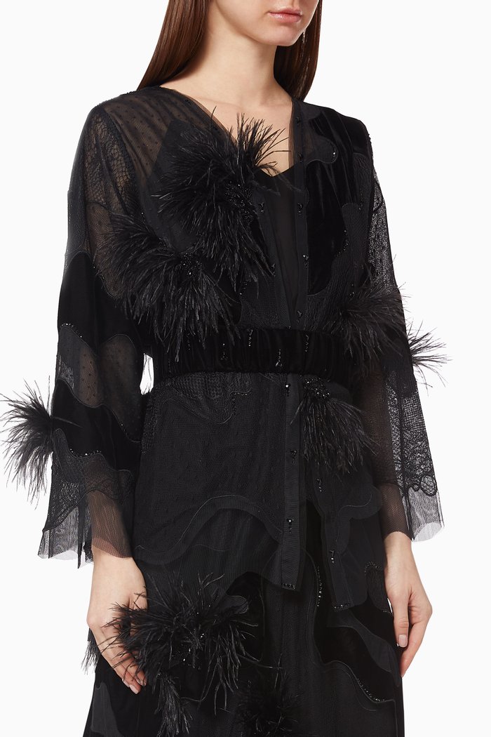 

Feather Embroidered Italian Net Abaya, Black