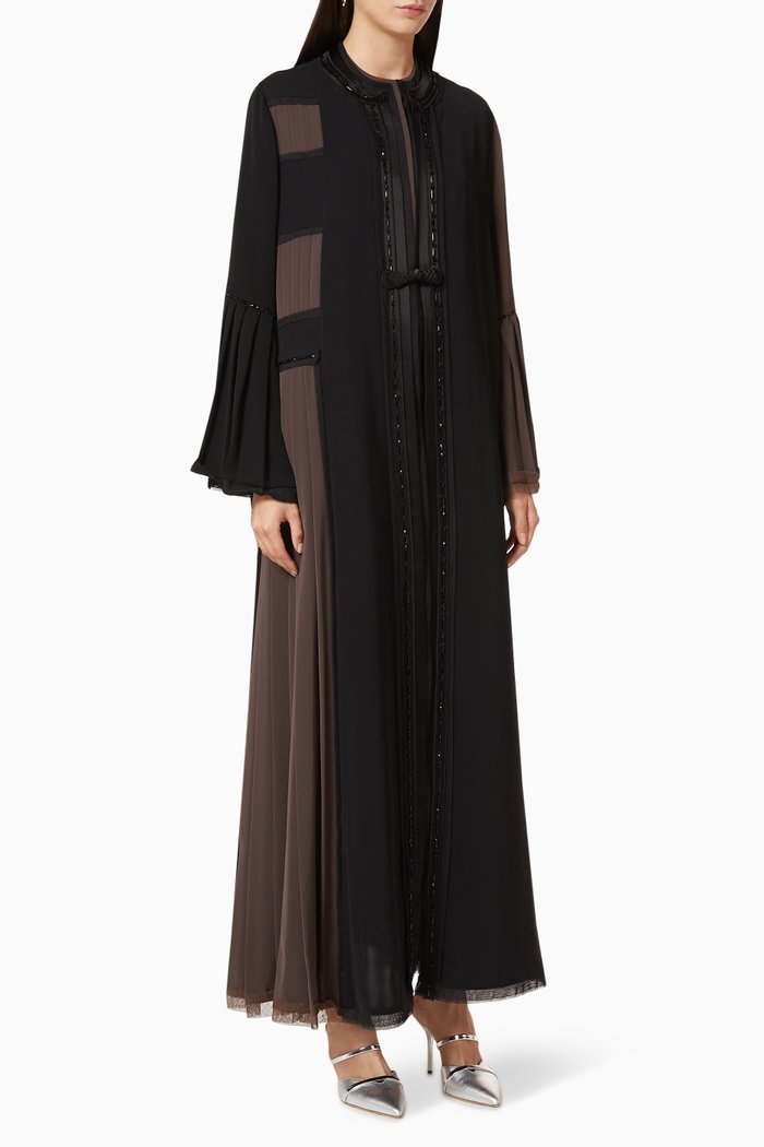 Beaded Satin Net Abaya, Black