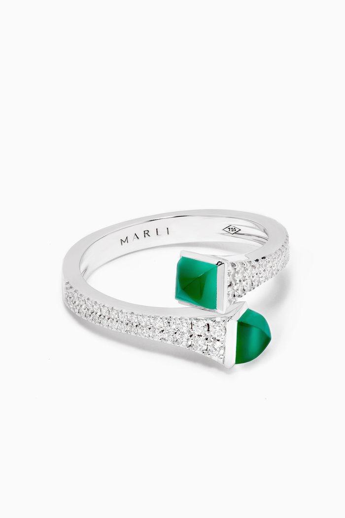 Cleo Diamond Wrap Ring with Green Agate in 18kt White Gold, Silver