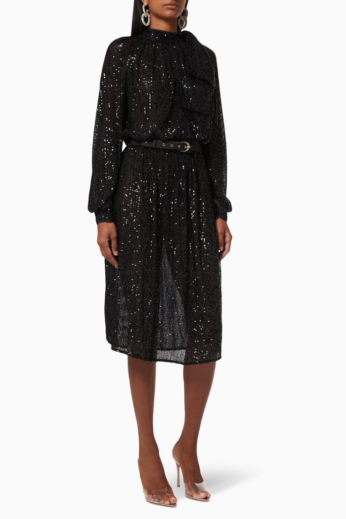 

Belted Dress in Sequin Mesh, Black