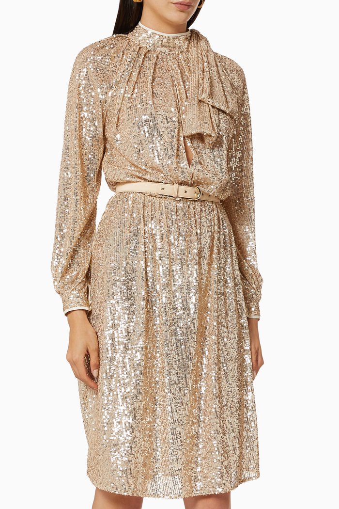 

Sequin Mesh Dress with Belt, Gold