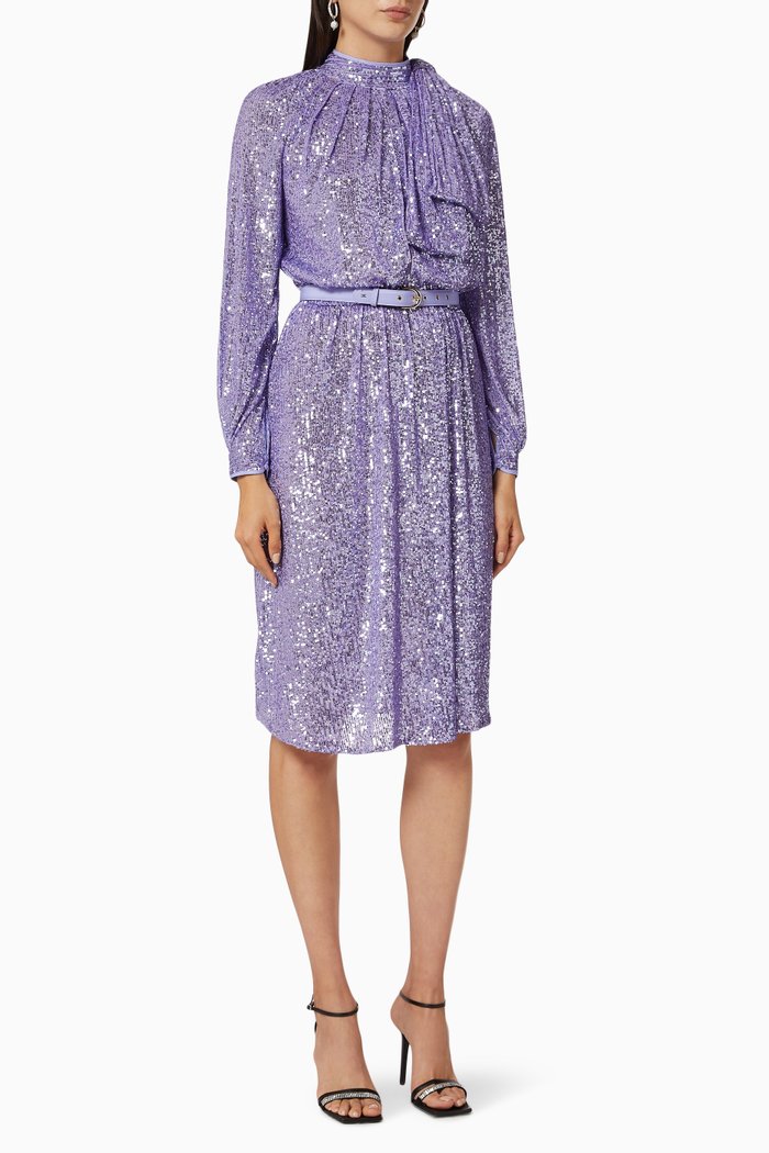 Belted Dress in Sequin Mesh, Purple