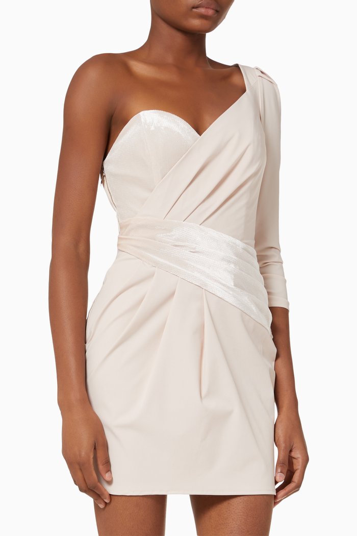 

One-shoulder Mini Dress in Lurex Velvet & Technical Fabric, White