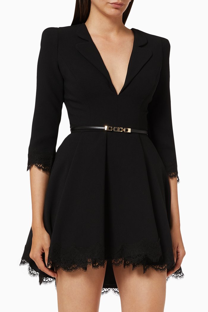 

Jacket Dress with Chantilly Lace in Crêpe, Black