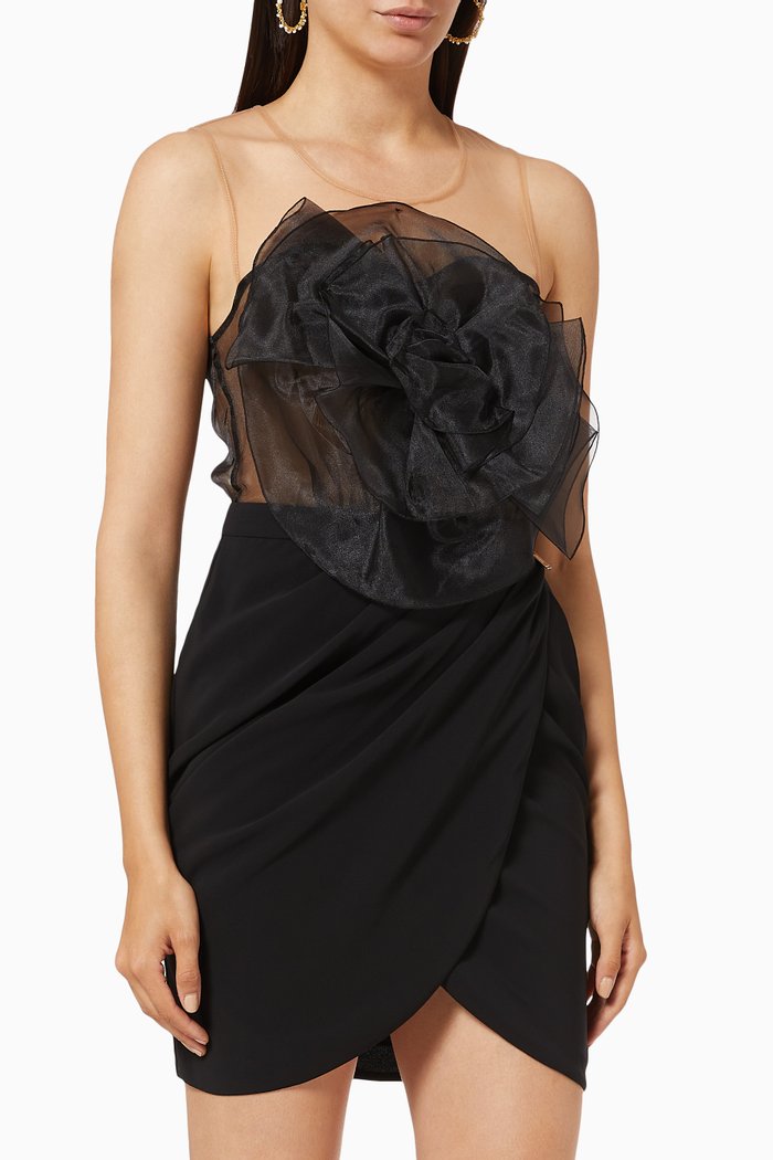 

Mini Dress with Organza Flower in Viscose Crêpe, Black