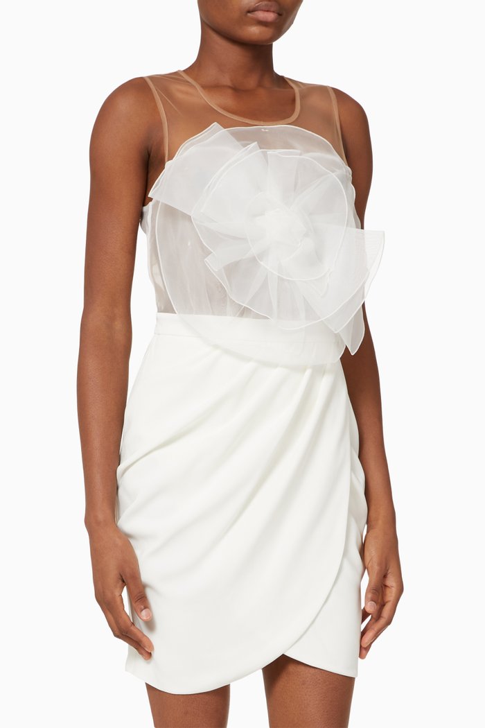 

Mini Dress with Organza Flower in Viscose Crêpe, White