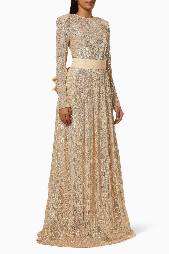 

Maxi Bow Gown in Sequin Mesh, Gold