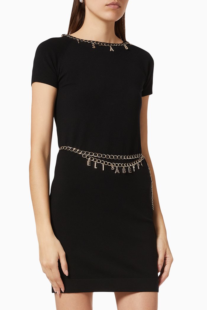 

Mini Dress with Chain Appliqué & Belt in Viscose Knit, Black