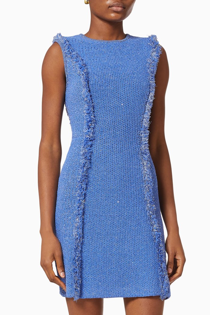 Mini Dress with Fringes in Cotton Knit, Blue