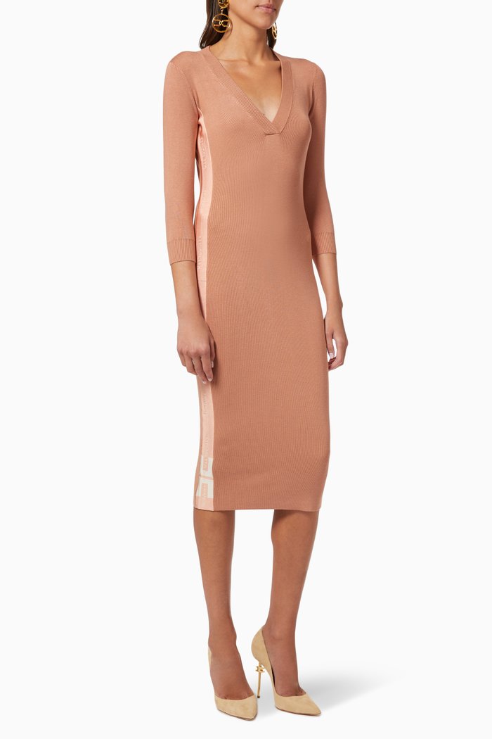 Dress with Logo Intarsia in Viscose Knit, Rose gold