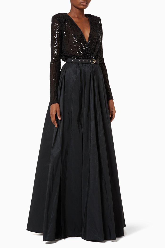

Bodysuit & Skirt Set in Sequin Mesh & Taffeta, Black