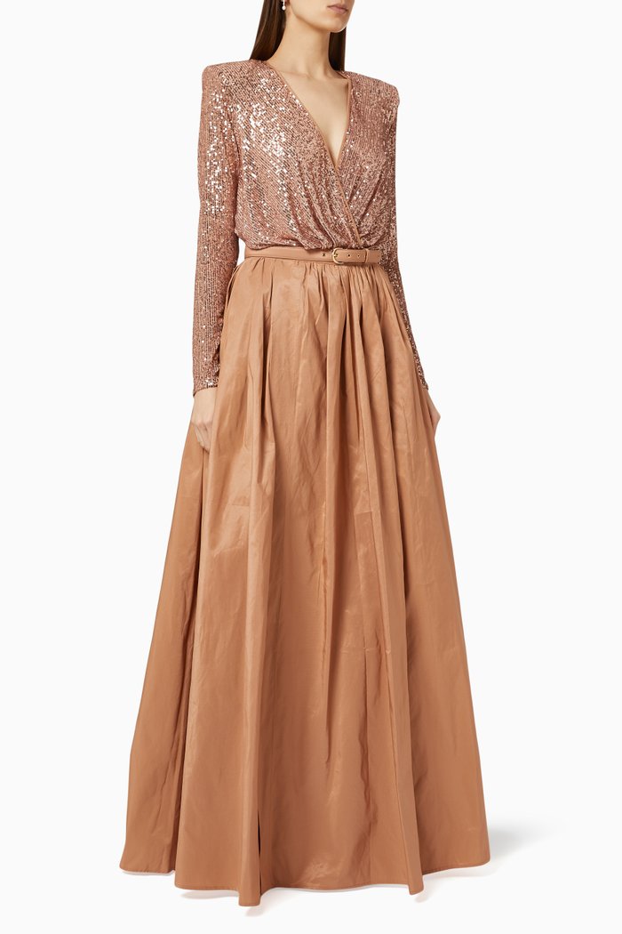 Bodysuit & Skirt Set in Sequin Mesh & Taffeta, Pink