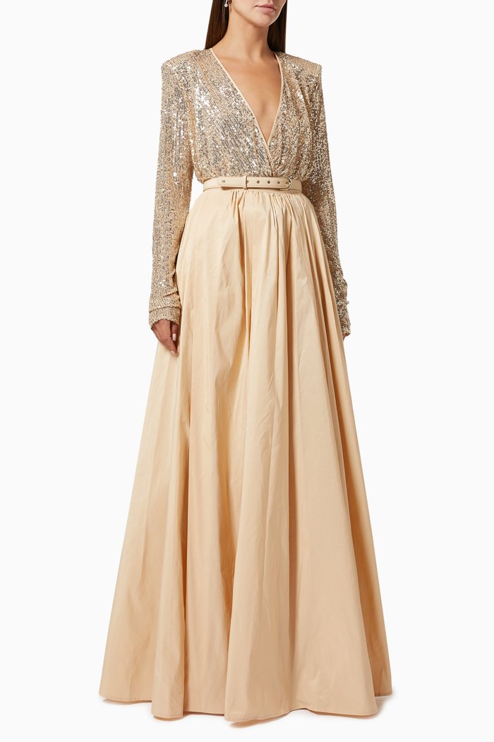 

Bodysuit & Skirt Set in Sequin Mesh & Taffeta, Metallic