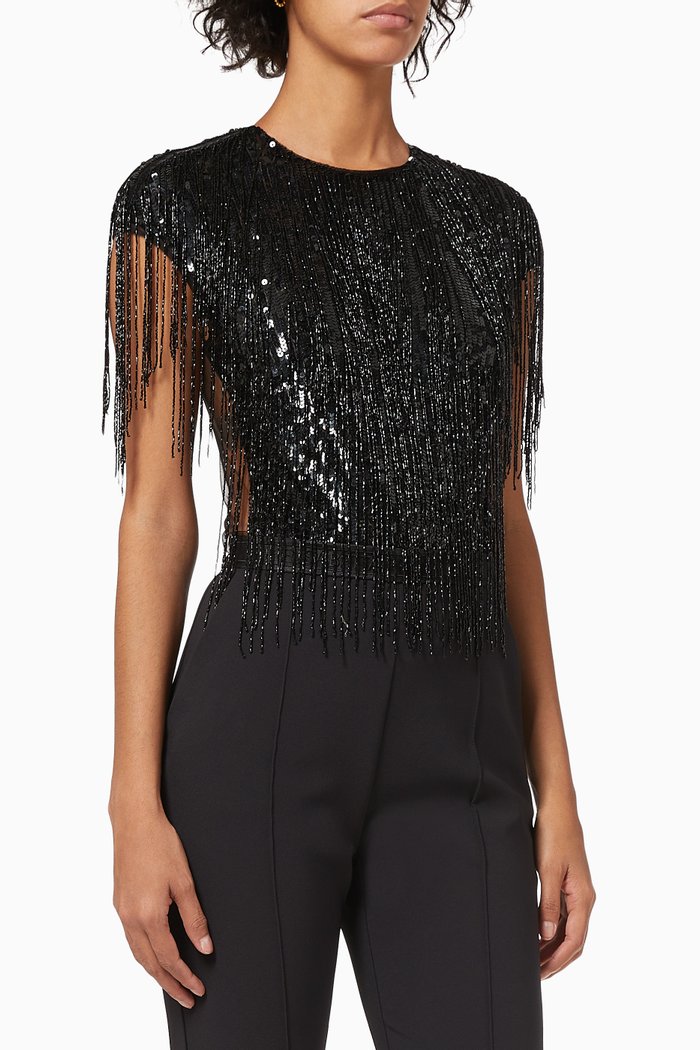 

Sequin Bodysuit with Fringes, Black
