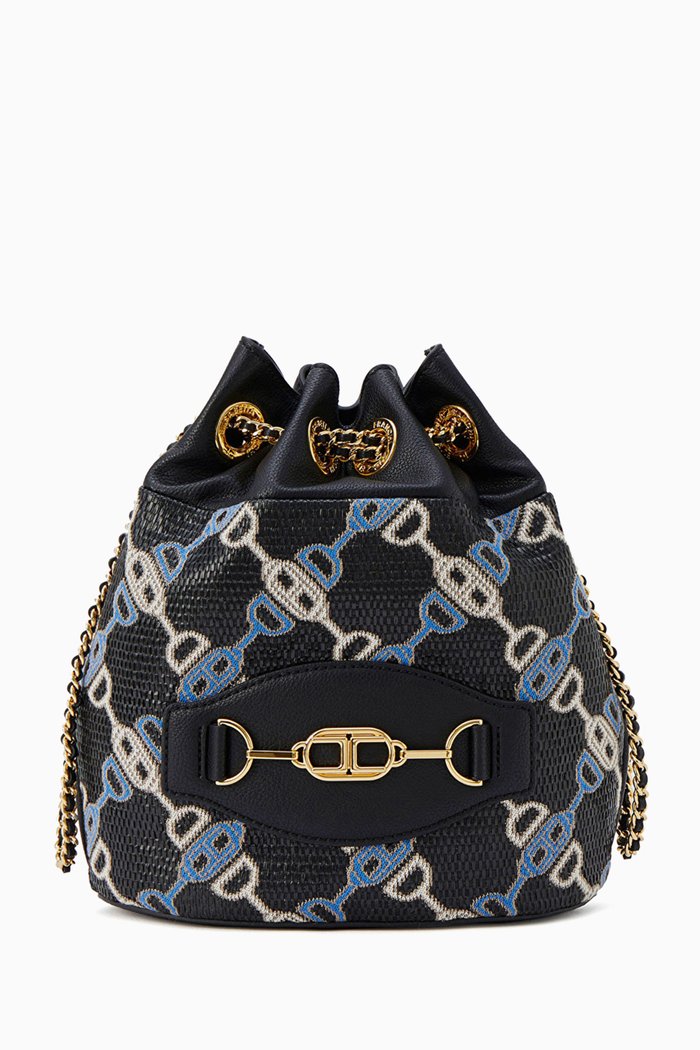

Bucket Bag in Horse Bit Jacquard Raffia, Black