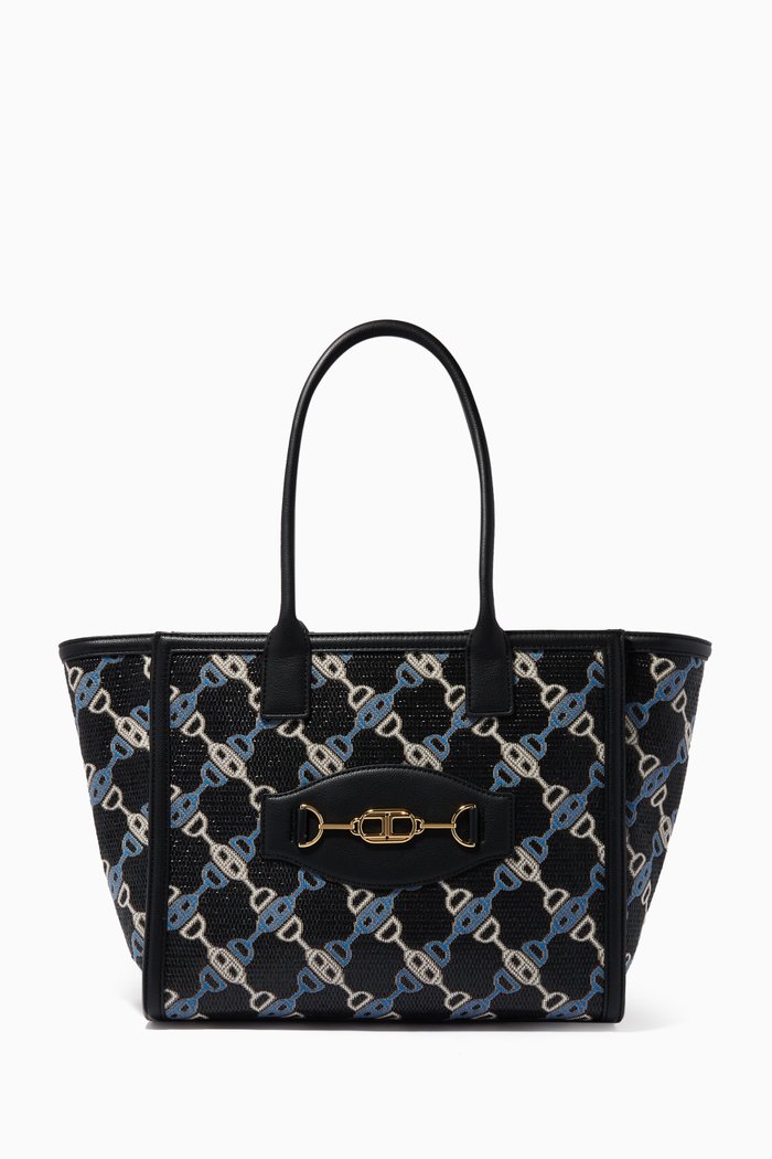 

Maxi Tote Bag in Horse Bit Jacquard Raffia, Black