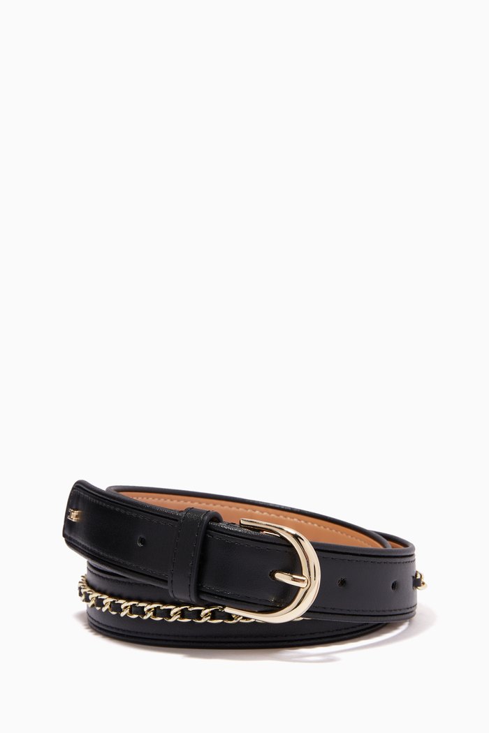 

Belt with Chain Appliqué in Leather, Black
