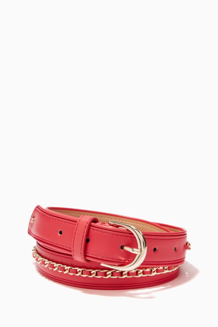

Belt with Chain Appliqué in Leather, Red