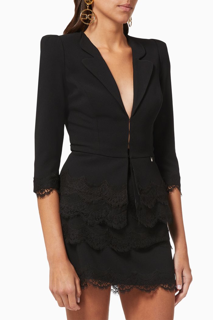 

Peplum Jacket with Rebrodé Lace in Crêpe, Black