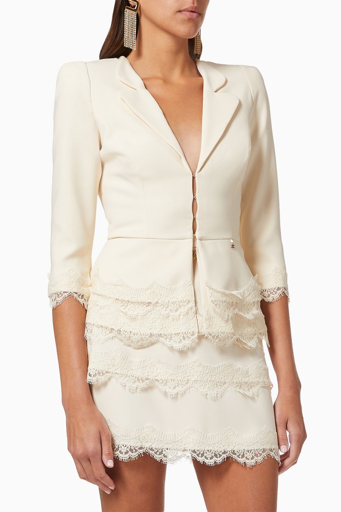 

Peplum Jacket with Rebrodé Lace in Crêpe, White