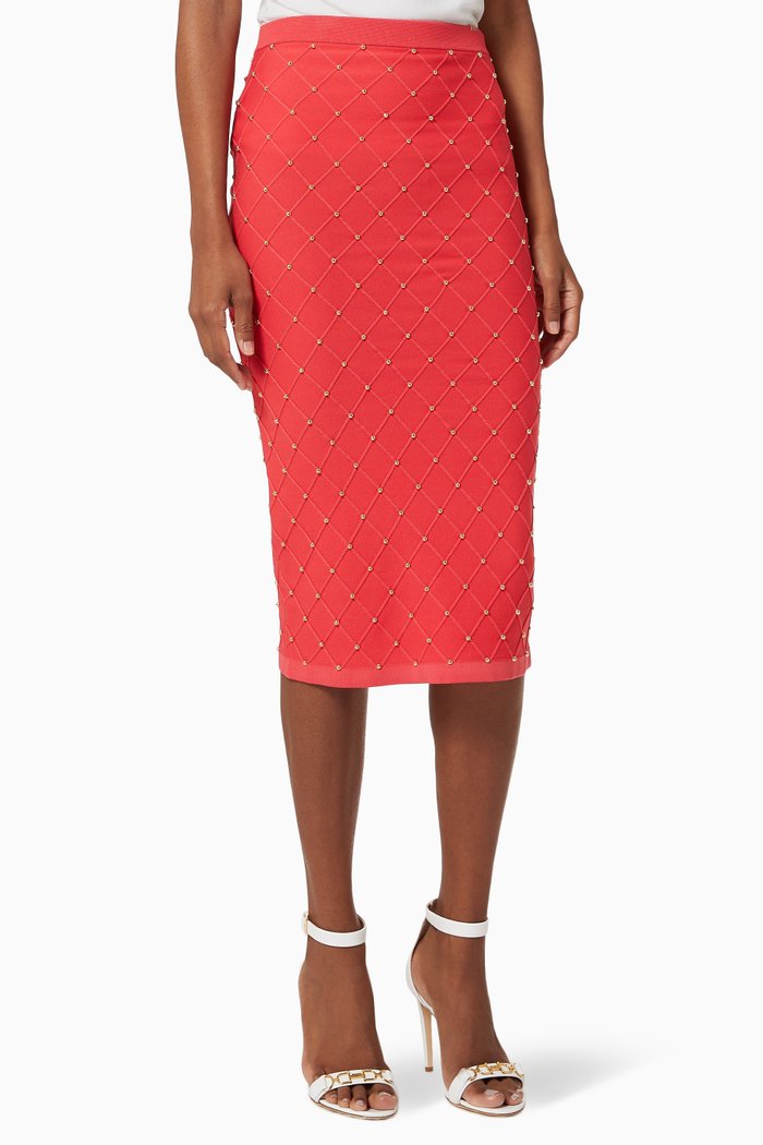 

Pencil Skirt in Studded Viscose Knit, Red