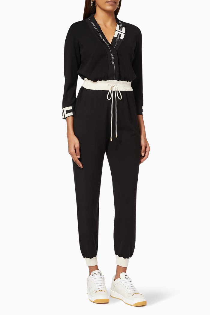 

Jumpsuit with Logo Intarsia in Viscose Knit, Black