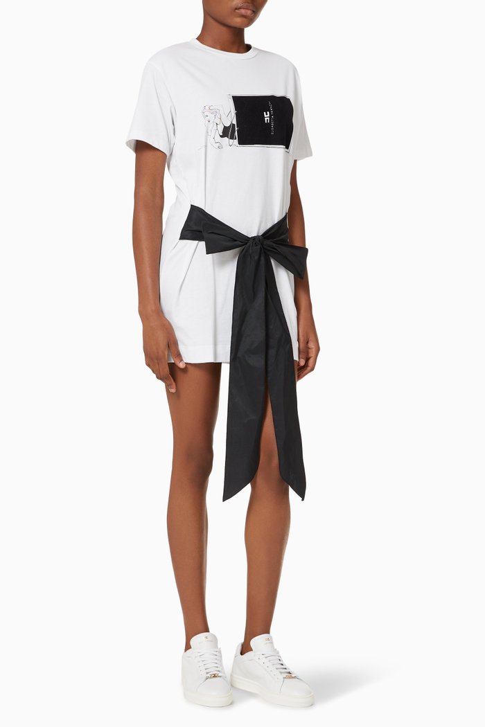 

Long T-shirt with Branded Print & Bow in Cotton, White