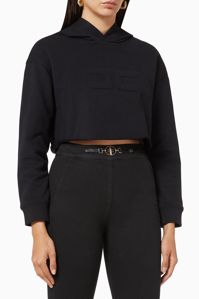 

Hooded Crop Sweatshirt in Cotton, Black