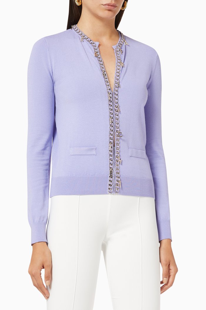 Cardigan with Chain Appliqué in Viscose Knit, Purple
