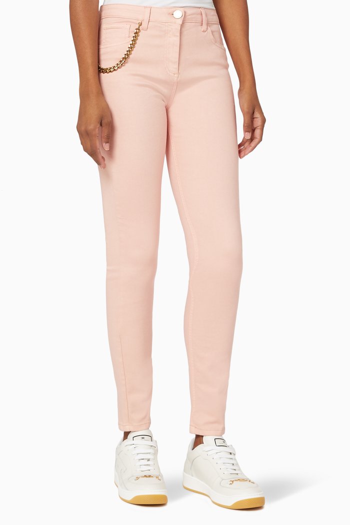 Chain Appliqué Denim Skinny Jeans, Pink