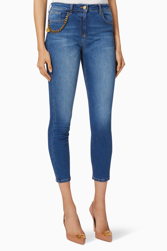Stretch Cotton Skinny Jeans with Chain Appliqué, Blue