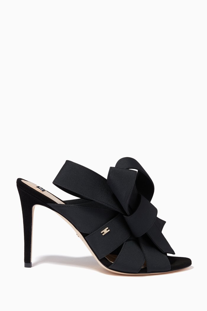 

Slide Sandals with Bow in Ottoman Knit & Suede, Black