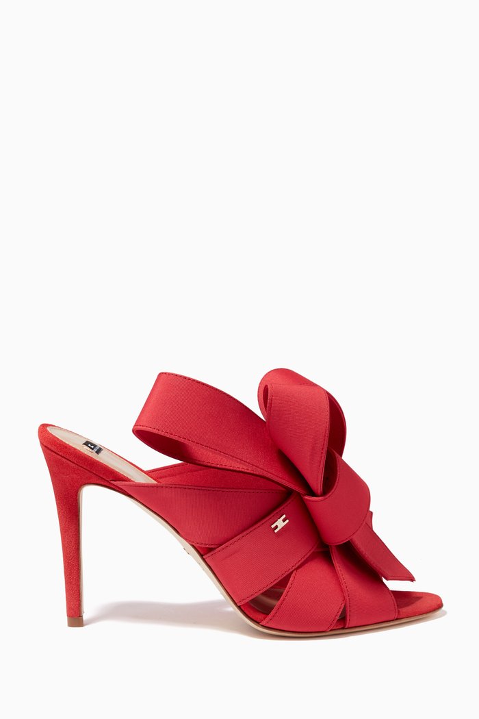 

Slide Sandals with Bow in Ottoman Knit & Suede, Red