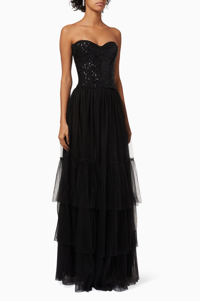 

Sequin Tiered Dress in Tulle, Black