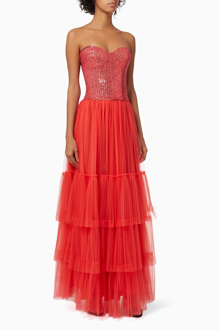 Sequin Tiered Dress in Tulle, Red