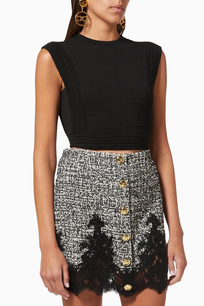 

Crop Top in Monogram Motif Viscose Knit, Black